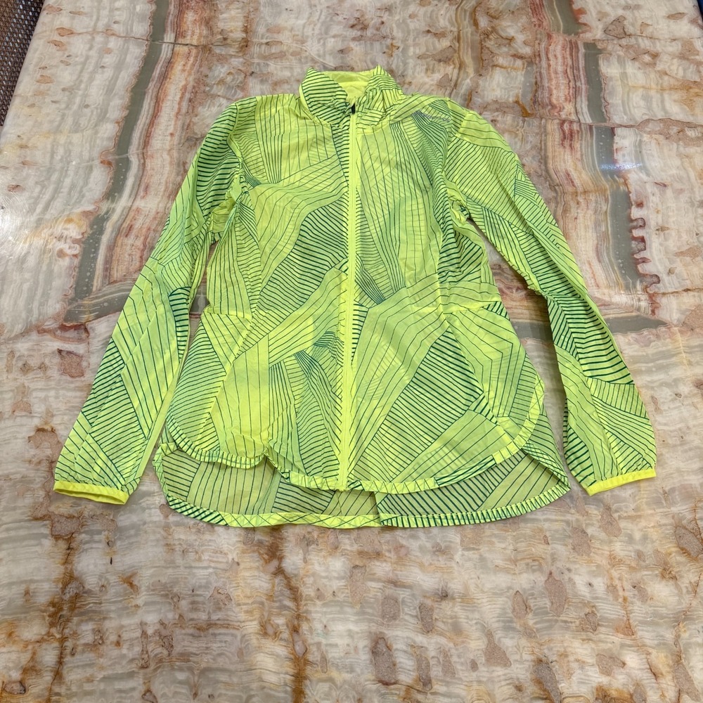 Brooks Run Happy Womens Geometric Print Jacket Neon Green Lightweight Athletic M